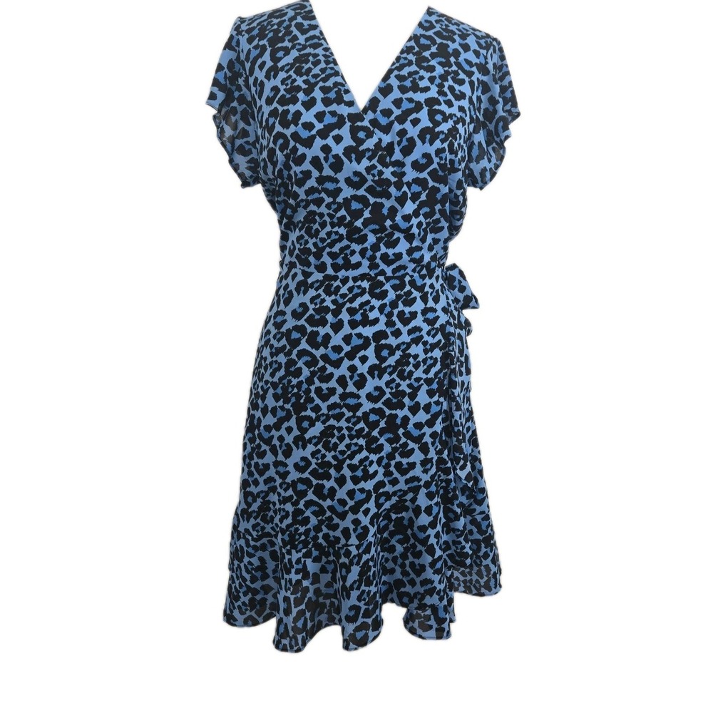 Banana Republic Size 12 Blue Black Animal‎ Print Chiffon Ruffle Wrap Dress New